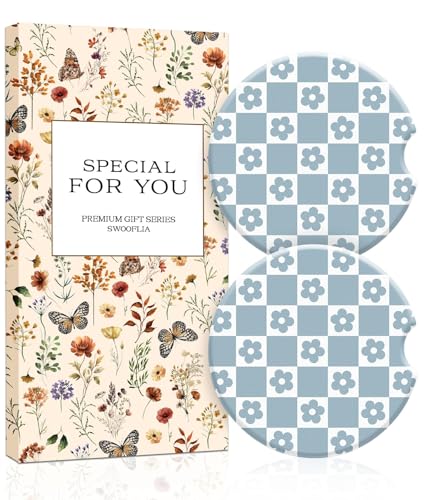 Swooflia Cute Girly Ceramic Car Coasters Blue Checkered Cup Holder Coasters - color: Blue White Checkered Flower