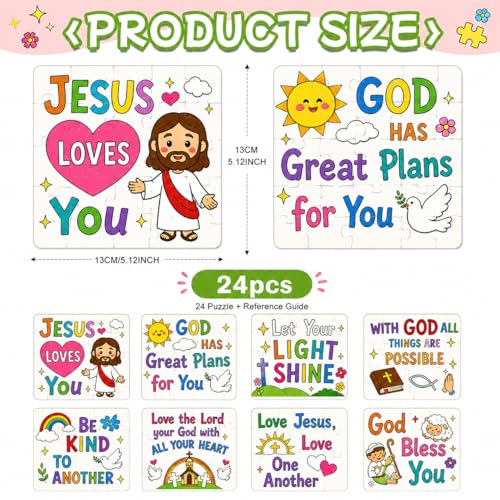 Cinrobiye 24 Pcs Christian Coloring Jigsaw Puzzle Crafts Bulk DIY Religious Inspirational Bible Activities Jesus Loves You Faith Art Projects for VBS Sunday School Church Party Favors - color: Christian