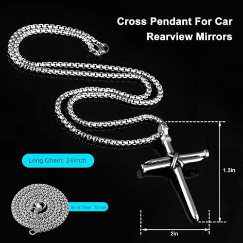 2 PCS Nail Cross Pendant for Car, Auto Rear View Mirror 3-Nail Jesus Cross Pendant, Religious Stainless Steel Necklace Hanging Ornament for Sedan Truck SUV, Car Accessories (Silver) - color: Silver