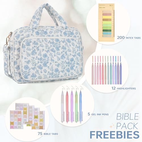 Bible Cover Case for Women Bible Study Supplies Church Camp Essentials Christian Gifts for Women Journaling Kit Quilted Large Bible Book Sleeve (Blue Flower, Large) - color: Blue Flower