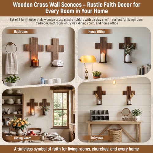 2 Pack Wooden Cross Wall Candle Sconces Farmhouse Hanging Wall Decor