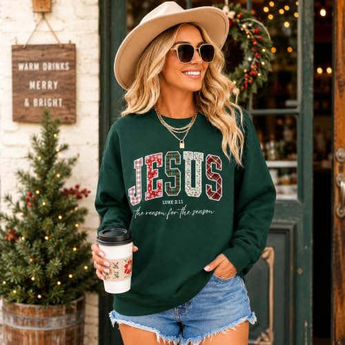 Women's Christian Christmas Sweatshirt Jesus Graphic Crewneck Holiday Top - color: Green, size: XX-Large