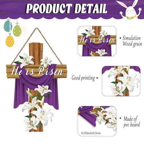JUESMOS He Is Risen Door Decorations 13.8"x9" Easter Religious Cross Sign Easter Christian Lily Flowers Decor Jesus Door Hanger Wreath for Front Door Home Porch Wall Spring Party Decorations