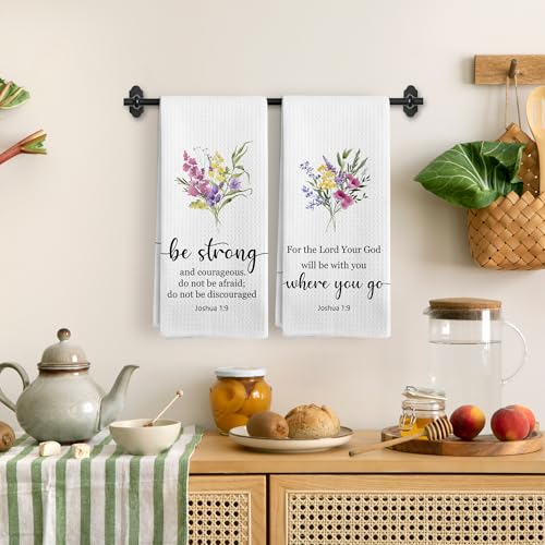 Christian Floral Kitchen Towels Set of 2, Be Strong and Courageous, Bible Verse Dish Tea Towels for Kitchen, Christian Gifts for Women, Scripture Flowers Decorative Hand Towels, 16x24 Inch - color: Bible Floral-1