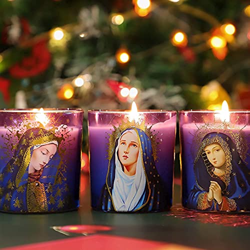 Jar Candles Rosemary Scented Soy Candle Set of 3 Blessed Virgin Mary Devotional Vigil Candles Long Lasting Burn for Catholic Church Home Altar Religious Prayer Spiritual Meditation - color: Religious Theme