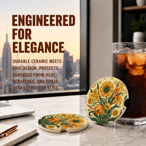 Boho Sunflower Tulip Floral Car Coasters, Retro Country Cup Holders, 18 - color: Boho Sunflower Tulip