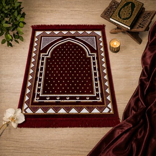 Velvet Muslim Prayer Mat Set, Soft Salah Rug, Islamic Gift for Men & Women (RED) - color: Red