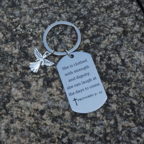 Inspirational Scripture Keychain with Angel Pendant - Bible Verse Key Chain Religious Gift for Christian - style: Proverbs 31:25