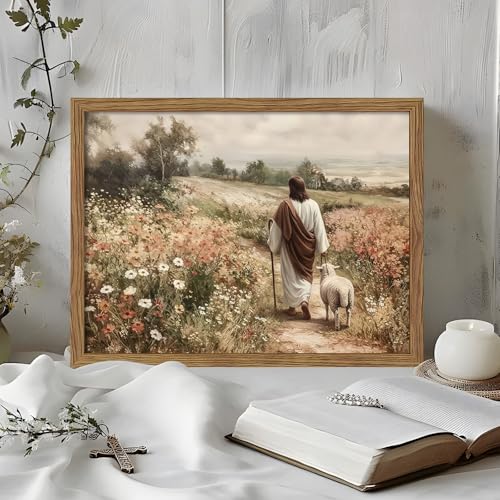 Framed Jesus And Lamb Wall Art Christian Pictures Wall Decor 16x24 Inch - color: shepherd, size: 24"L x 16"W