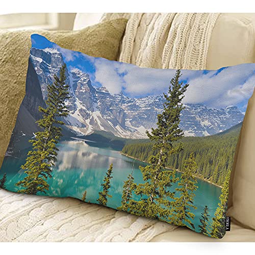 EKOBLA Moraine Lake Lumbar Pillow Cases Rocky Mountains Snow Forest Trees Park Scenery Pine Glacier Decorative Throw Pillow Cover Rectangle Cushion Covers Cotton Linen 12x20 Inch for Men Women - color: Multi-bs06