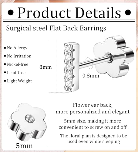 14K Gold Plated Small Stud Earrings for Girls Women Hypoallergenic Surgical Steel Cartilage Flat Back Stud Earrings CZ Cross Dot Bar Heart Handmade Screw Back Earrings Studs - color: Silver, style: Bar