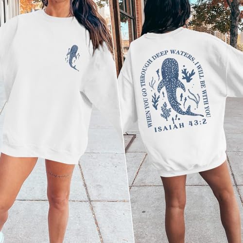 Sulayesh Christian Whale Shark Sweatshirts for Women Jesus God Bible Verse Hoodie Religious Faith Graphic Long Sleeve Shirts - color: White, size: XX-Large