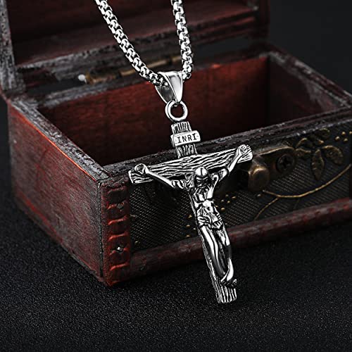 Jesus Christ on INRI Crucifix Cross Pendant Necklace for Teens Women Men - color: Silver