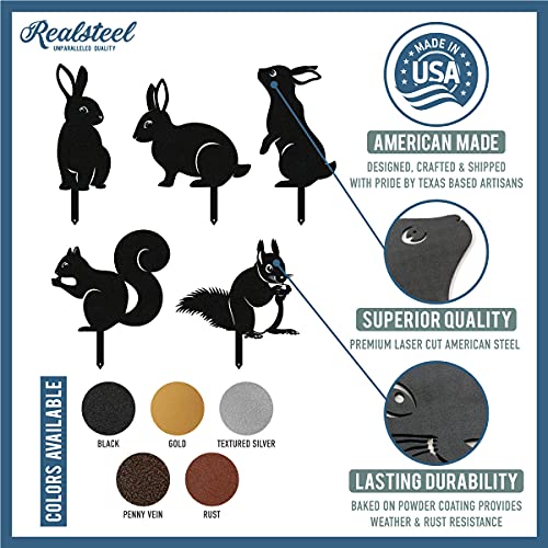 RealSteel Metal Garden Animal Statues & Lawn Ornaments, Bunny Rabbit & Squirrel Garden Stakes 5 Pack – Metal Yard Art Silhouettes for Front Yard, Flowerbed & Patio Decor – Rust Resistant Steel, Black