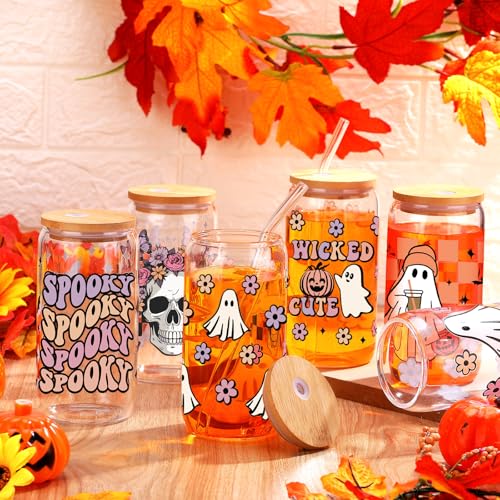 SiliFine 6 Pcs Halloween Glass Cups, 16 oz with Lids and Straws - style: Ghost Flower
