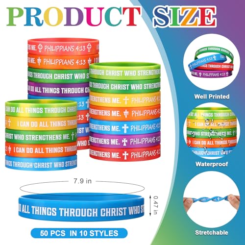 50 Pcs Philippians 4:13 Rubber Wristbands, Rainbow - color: Rainbow