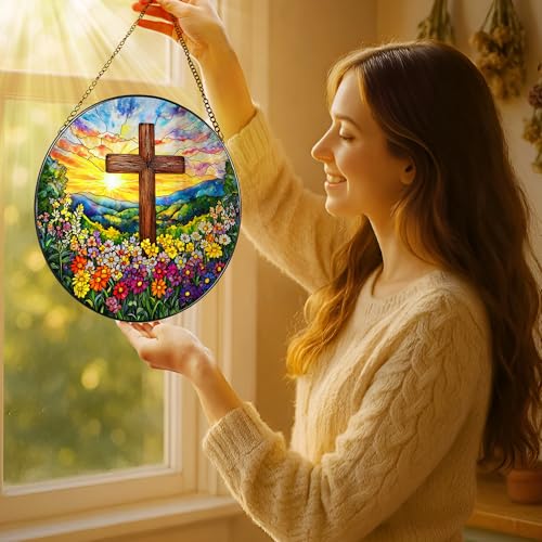 8'' Religious Cross Ornament, Stained Glass Window Hanging, Sun Catcher Window Decor, Christian Holiday Decor, Cross Gifts, Baptism Gifts, Religious Gift, Christian Gift - color: Cross-f
