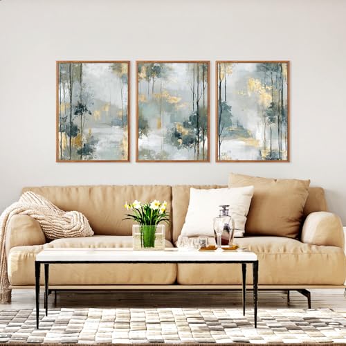HPNIUB Abstract Forest Framed Canvas Wall Art Set, Minimalist Splash Ink Gold Green Pastel Watercolor Trees Wall Decor,Illustration Neutral Art Painting for Living Room,Dining Room,Office -12"x16"x3 - color: Abstract Forest Wall Art