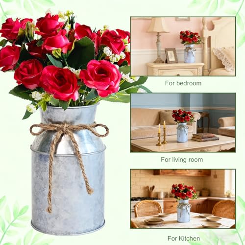 Artificial Rose Centerpiece with Metal Vase, 4 Sets, Silver & Red - color: 4 Silver Vases & 8 Red Roses