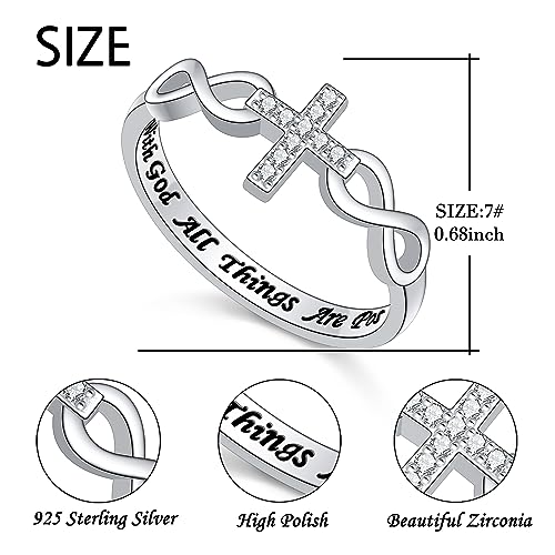 Alphm S925 Sterling Silver Christian Cross Infinity Inspirational Faith Bible Verse Ring for Women Teen Jewelry - size: 7