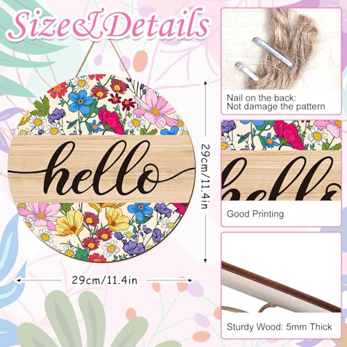 Whaline Vintage Floral Hello Wooden Hanging Sign Wildflower Welcome Wood Sign Spring Summer Flower Door Decor Wreath for Indoor Outdoor Farmhouse Home Porch Window Wall - style: colorful