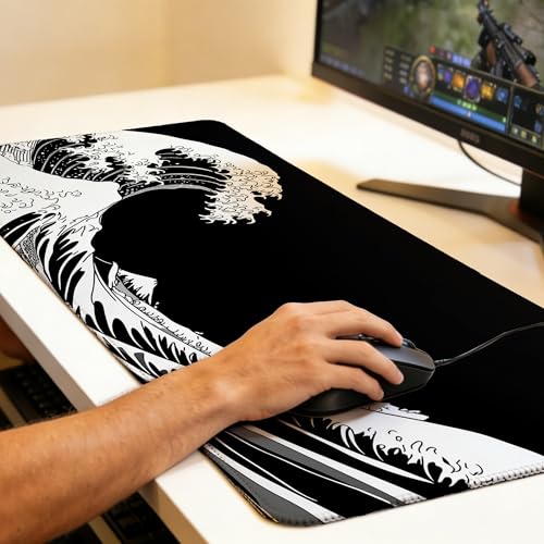 Dark Wave Mouse Pad,35.4 x 15.7 Inch Large Mouse Mat Non-Slip Rubber Stitched Edges for Writing Desk,Office,Home,Laptop - color: Dark Wave, size: 35.4L x 15.7W inches