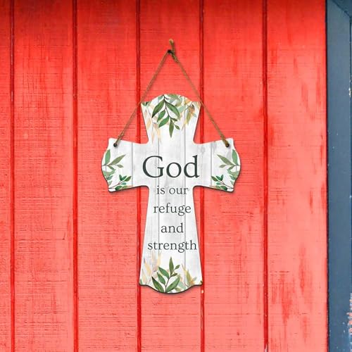 God is our refuge and strength Cross Hanging Sign | Rustic Twine | Inspiring Religious Bible Decor - color: God is Our Refuge and Strength