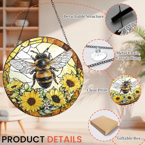 Bee Yellow Sunflower Stained Glass Sun Catcher Window Hanging for Home Decor Suncatcher Christmas Mother's Day Birthday Gifts for Women Men Mom and Nana 6.3inch - color: Bee and Sunflower