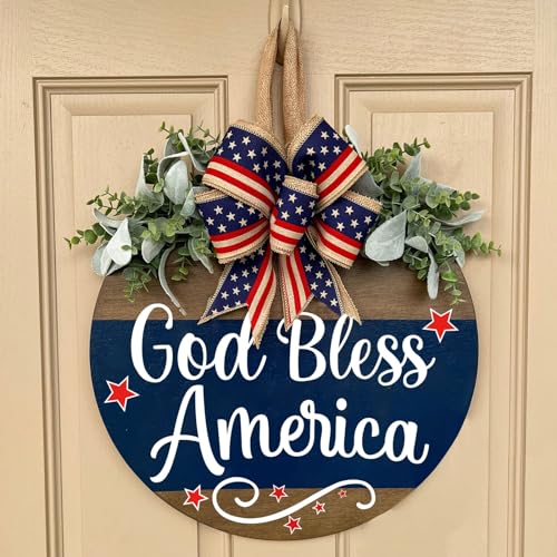 Welcome Sign for Front Door Decoration, 12" Round Wood Wreaths Hanging Welcome Sign Porch Farmhouse Decor Housewarming Gift - color: God bless