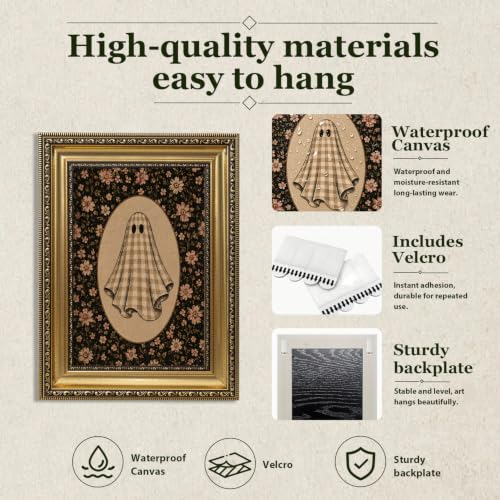 Vintage Gold Framed Floral Ghost Wall Art Halloween Canvas Print 9X11 in - color: Ghost1, size: 11"L x 9"W