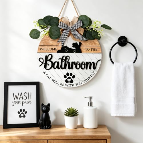 HOURIA 3D Funny Black Cat Bathroom Door Decor (11.4"x11.4") - color: Cat Bathroom Sign