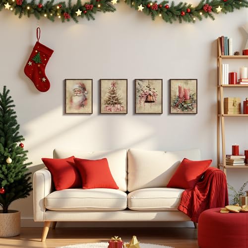 DOFQZ Pink Christmas Wall Art Prints Set of 4, Girly Christmas Room Decor, Vintage Winter Xmas Candle Tree Bell Santa Claus Posters for Girl Bedroom Dorm Apartment Decor, 8x10 Unframed - color: 07Child, size: 8*10