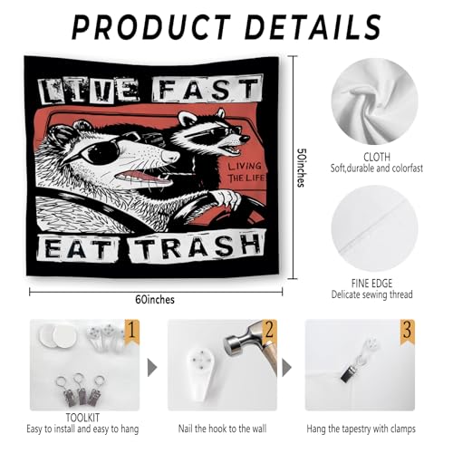 Foritho Funny Racoon Meme Tapestry, Sarcastic Trash Panda Tapestry Wall Hanging, Live Fast Eat Trash Humorous Raccoon Wall Tapestries for Bedroom Living Room Home Decor, 50x60 Inch - color: Color 09