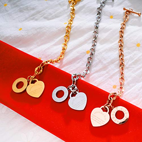 Heart Charm Bracelet for Women 14K Gold/Silver/Rose Gold Tone Stainless Steel Bible Verse Engraved OT Clasp Link Bracelets - color: rose gold