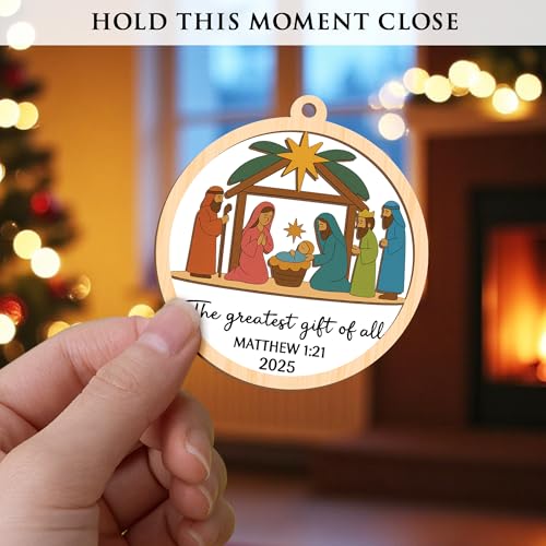 Nativity Christmas Ornament 2025 – Holy Family Manger Scene, “The Greatest Gift of All” Matthew 1:21 – Christian Christmas Ornament, Religious Tree Decor, Catholic, Stocking Stuffer - color: Kat-kien- Nativity Tron
