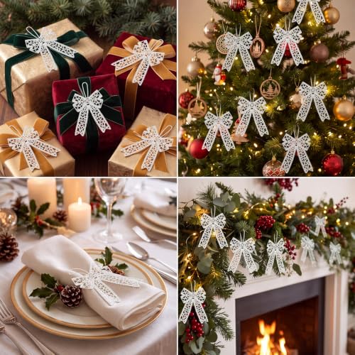 Lunmon 48 Pcs Christmas Crochet Bows Ornaments for Christmas Tree, White - style: Bows