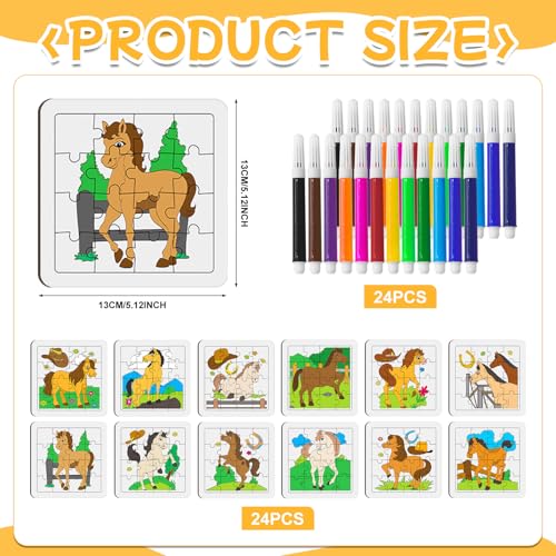 Cinrobiye 24 Pcs Horse Coloring Jigsaw Craft Kit for Kids, DIY Farm Pony Activity Set Bulk with 12 Designs, Rodeo Birthday Party Favors, Classroom Art Projects, Western Theme Supplies - color: Horse