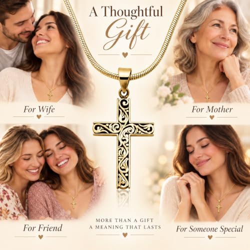 14K Gold Plated & Sterling Silver Filigree Celtic Cut Out Cross, Tree of Life Pendant For Womens, Chain Necklace 18 Inch - color: Gold Filigree Cross