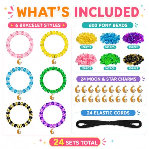 Cinrobiye 24 Set DIY Friendship Bracelet Making Kit, 600 Pony Beads Jewelry Craft Set with Moon Star Charms & Elastic Cord, Summer Classroom Craft Kit for Kids Teens Party Favors - style: Ramadan