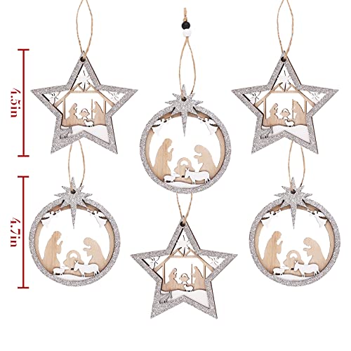 Christmas Decorations Indoor Nativity Scene Ornaments, 6 Set Wooden Christian Tree Ornaments, 3-Layer Sliver White Carved Wood The Birth of Jesus Decorations, Religious Xmas Decor for Home