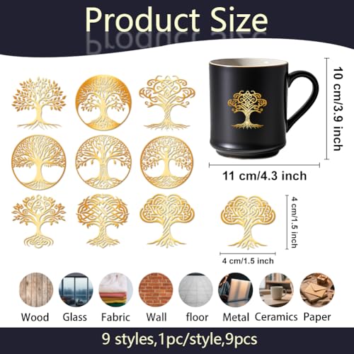 9Pcs Golden Self Adhesive Stickers 4cmx4cm Tree of Life Metal Decal Golden Tree Waterproof Decorate Sticker for Scrapbooks DIY Resin Crafts Phone Water Bottle Decoration - style: tree of life