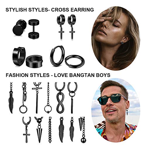 Cross Dangle Earrings for Men 20 Pieces, Stainless Steel Stud Hinged Hoop Earrings, Long Chain Kpop Earrings for Women, Black and Silver - color: Black
