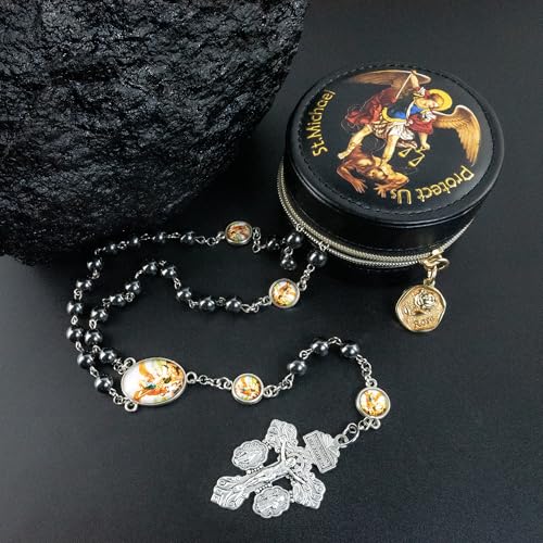 St. Michael the Archangel Catholic Rosary Necklace for Men, 8MM Black Hematite Prayer Beads Packed in Travel Jewelry Box, Rosary Beads Catholic Saints Gifts for Men - color: Hematite