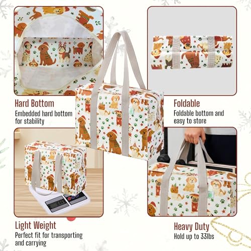 VENO 4 Pack Utility Tote Reusable Grocery Bags with Zipper & Hard Bottom - color: Holiday Pups, size: 4 Pack