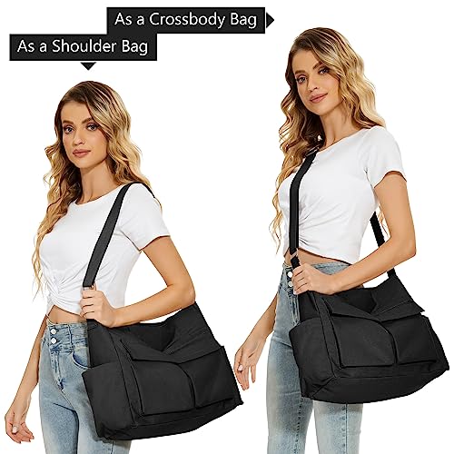 KALIDI Canvas Tote Bag Zipper Large Crossbody Shoulder Bag Messenger Bag - color: Upgraded Black
