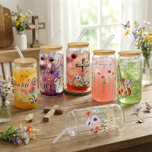 Drinking Cups with Lids, 12Pack, Glass, 16oz, Iced Coffee, Bible - style: 12Pcs Christian