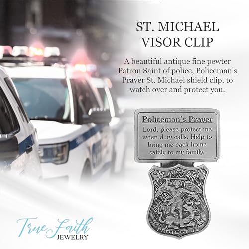 True Faith Jewelry Pewter St Michael Car Visor Clip, Policeman's Prayer Archangel Patron Saint of Police, Law Enforcement Officer Gifts for Men and Women, Fine Pewter (92% Tin), 2-5/8 x 1-1/2 Inch - size: St. Michael