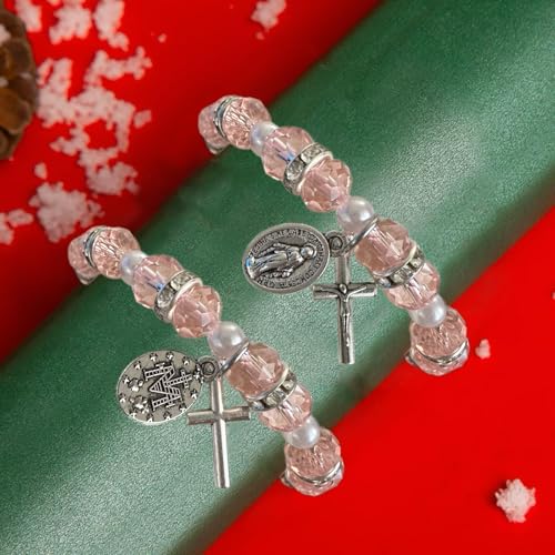 Bovemee 2Pcs Handmade String Miraculous Medal Pink Virgin Mary Bracelets, Crucifix Cross Red Rosary Bracelet Catholic Gift for Women Men - color: Pink