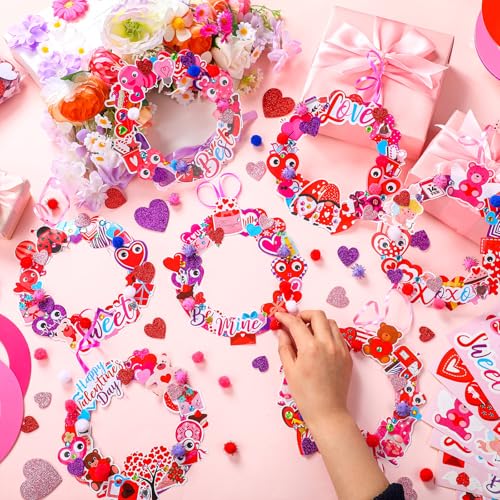 Hollowfly 48 Sets Valentine DIY Heart Wreath Craft Kits for Kids Activities - style: Happy Valentine‘s Day