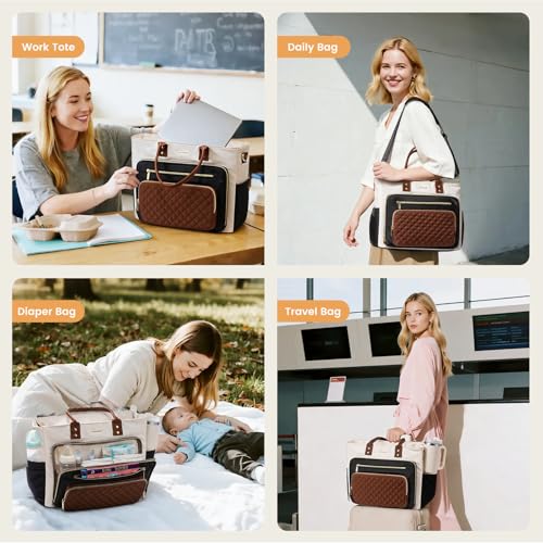 LOVEVOOK Insulated Lunch Bag, Large Capacity Tote with Lunch Compartment, Laptop Bag with Cup Holder, Work Bags for Women, Nurse Lunch Tote for Office, Picnic, 17.3 Inch Black-Beige-Brown - color: Black-beige-brown, size: 17.3 inch with Lunch Compartment